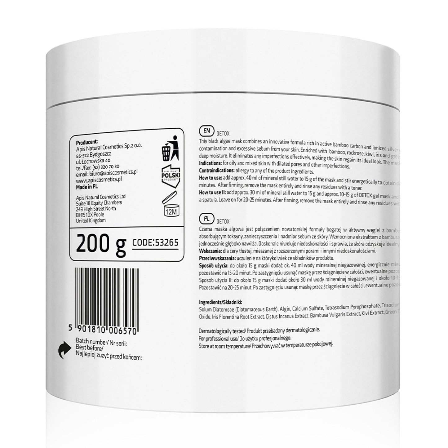 Apis DETOX Maska algowa detoksykująca z węglem z bambusa i jonizowanym srebrem / 20 g — opakowanie