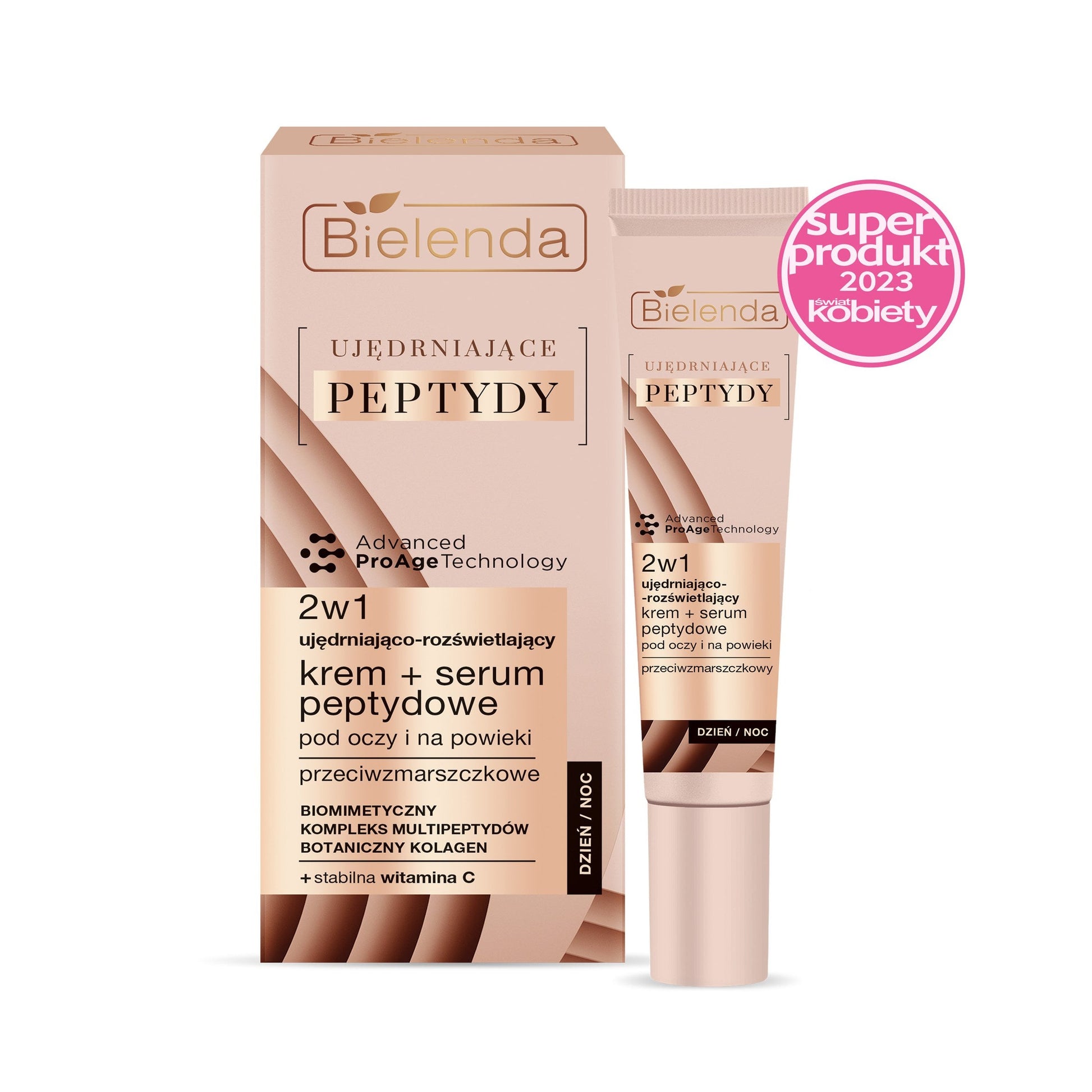 Bielenda UJĘDRNIAJĄCE PEPTYDY 2w1 Ujędrniająco-rozświetlający krem przeciwzmarszczkowy + serum peptydowe pod oczy i na powieki, 15 ml
