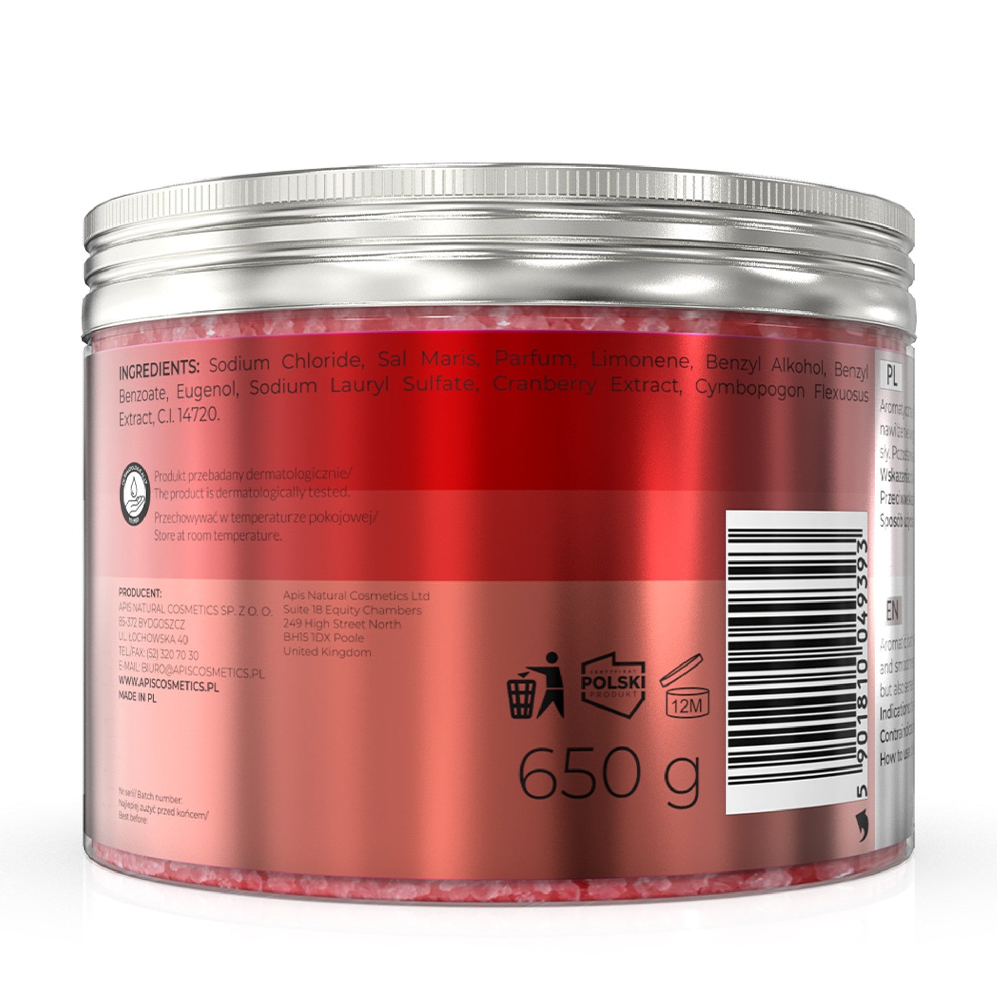 Apis ŻURAWINOWA WITALNOŚĆ Rewitalizująca sól do kąpieli z żurawiną i trawą cytrynową / 650 g — opakowanie