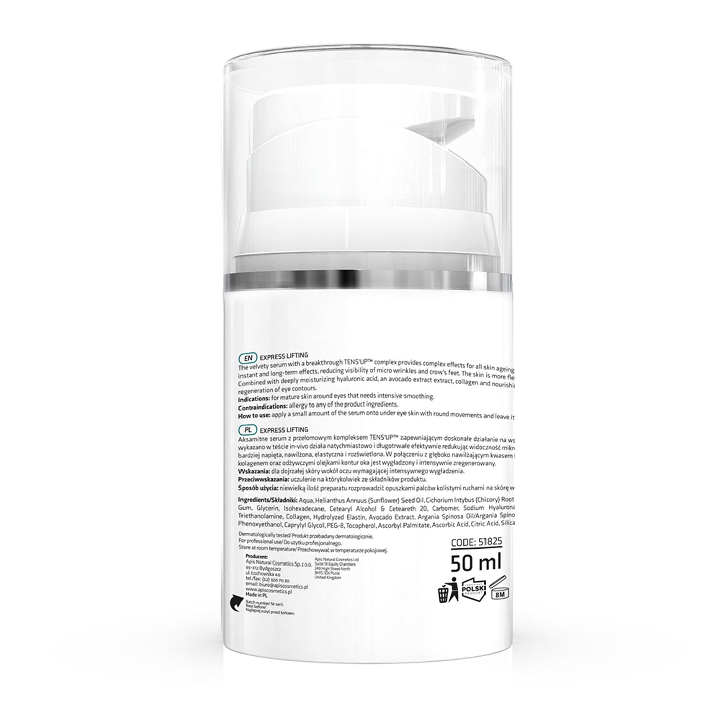 Apis EXPRESS LIFTING Rozświetlające serum wypełniające zmarszczki pod oczy z kompleksem TENS'UP™ / 50 ml — opakowanie