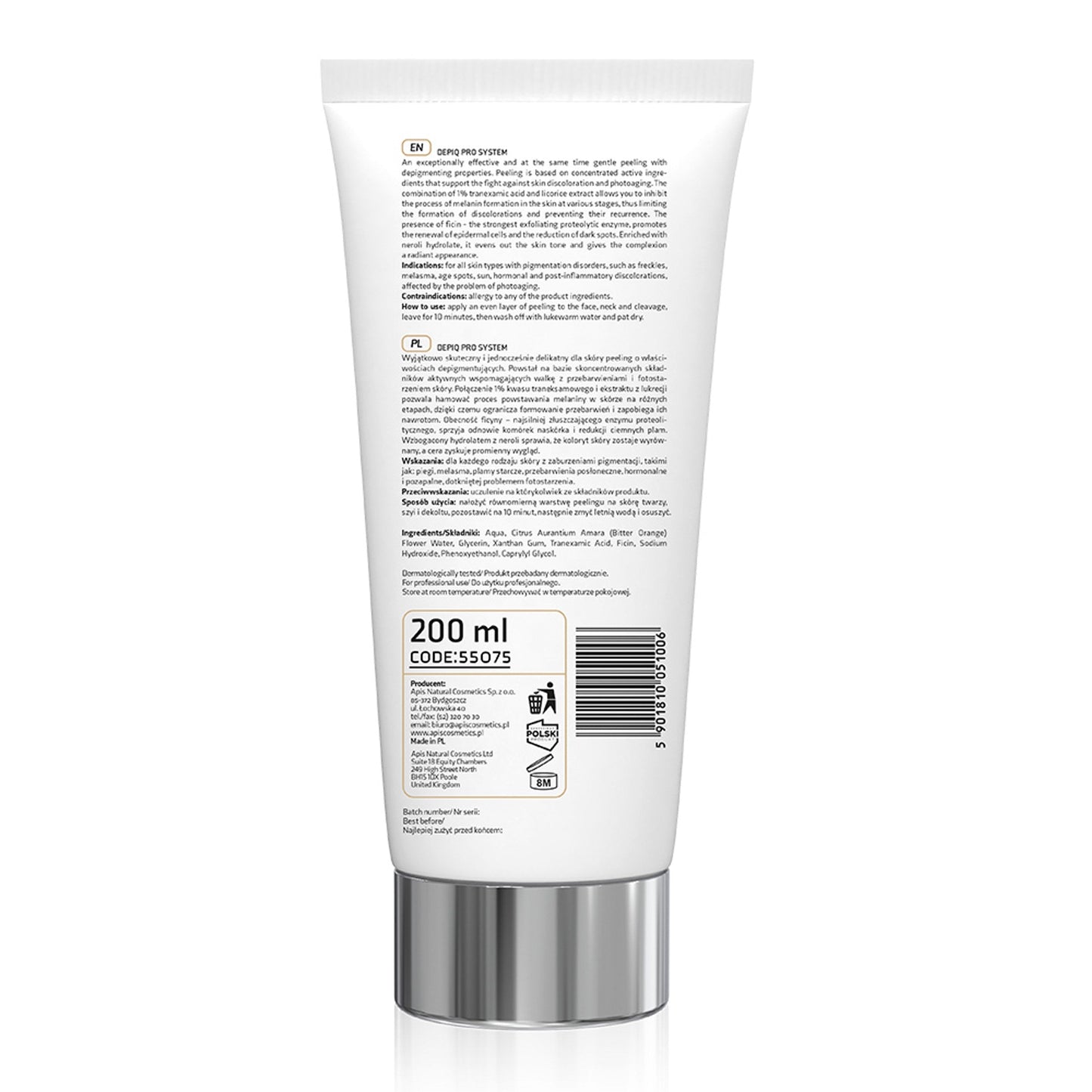 Apis DEPIQ PRO SYSTEM Depigmentujący peeling z kwasem traneksamowym 1% i ficyną / 200 ml — opakowanie