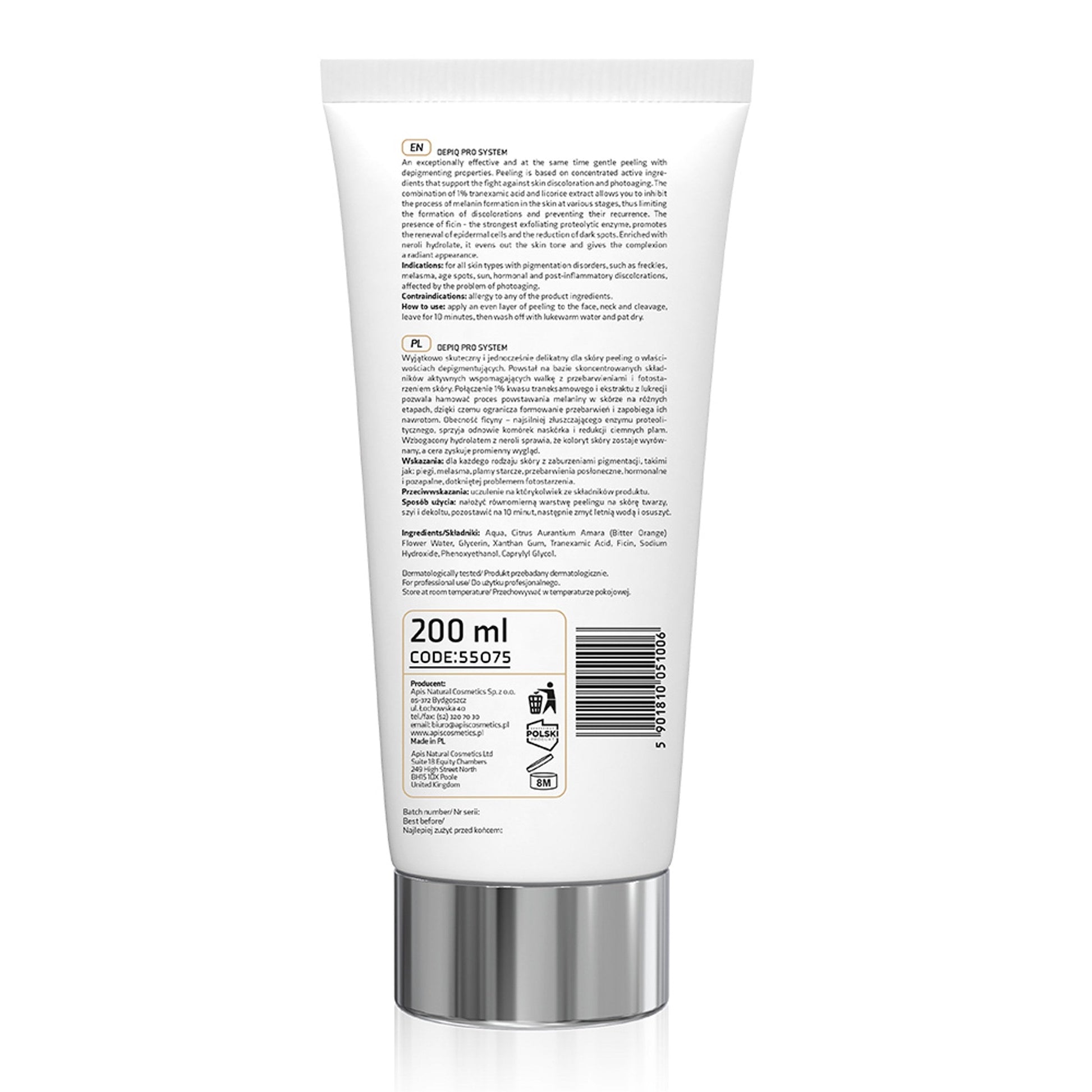 Apis DEPIQ PRO SYSTEM Depigmentujący peeling z kwasem traneksamowym 1% i ficyną / 200 ml — opakowanie