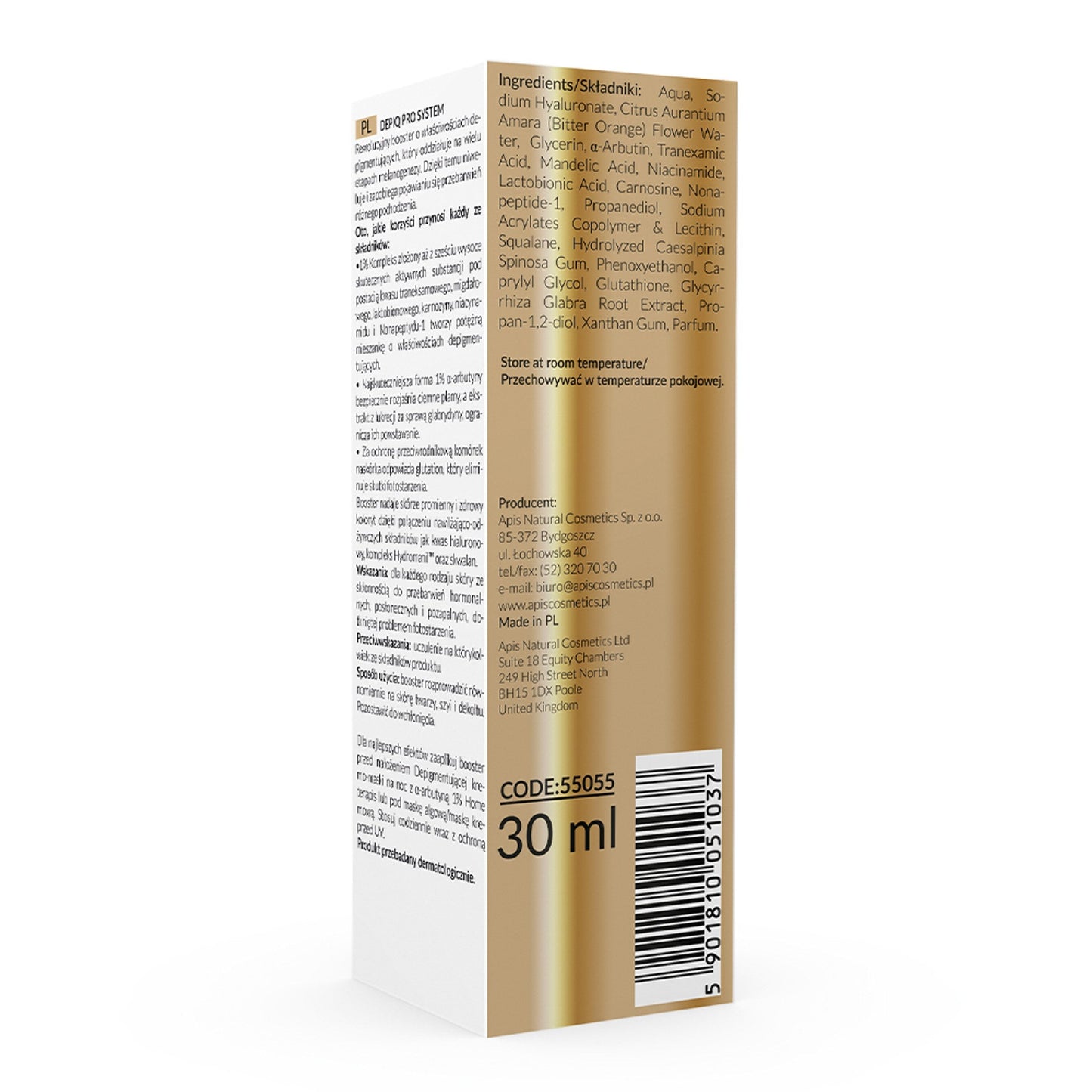 Apis DEPIQ PRO SYSTEM Depigmentujący booster z α-arbutyną 1% i kompleksem rozjaśniającym 1%, 30 ml — opakowanie