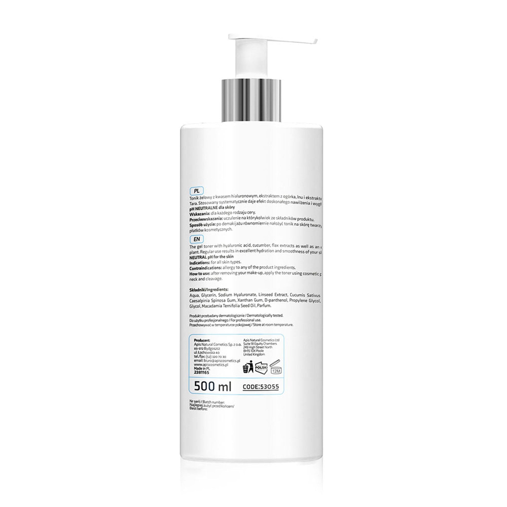 Apis Hydrożelowy tonik z kwasem hialuronowym / 500 ml — opakowanie