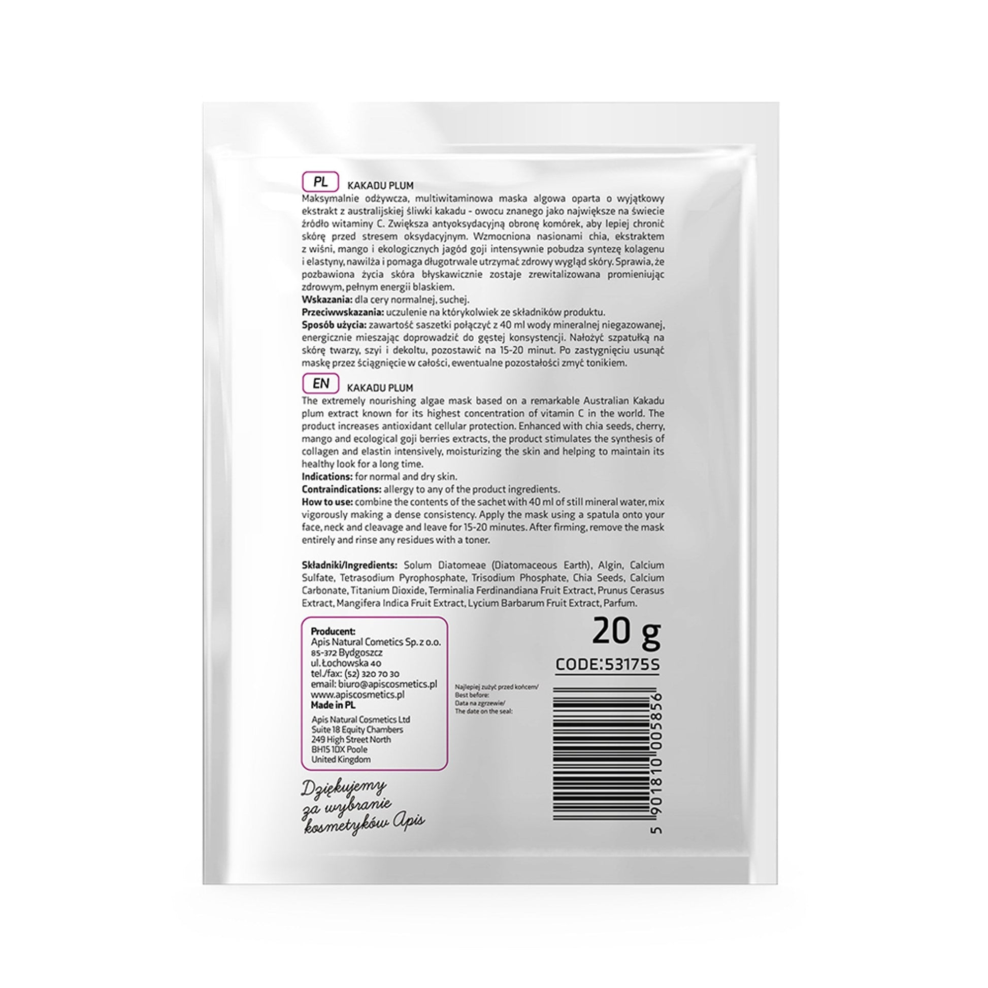Apis KAKADU PLUM Śliwkowa maska algowa z nasionami chia / 20 g — opakowanie