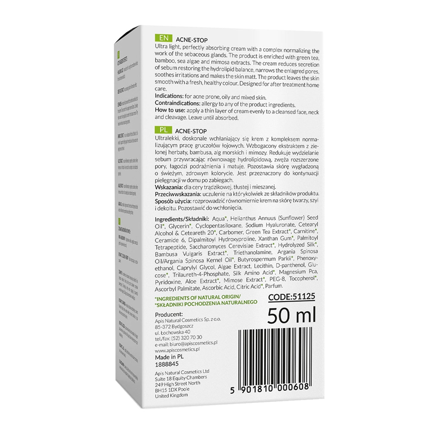 Apis ACNE-STOP Home terApis Lekki krem normalizujący, antytrądzikowy z zieloną herbatą / 50 ml — opakowanie
