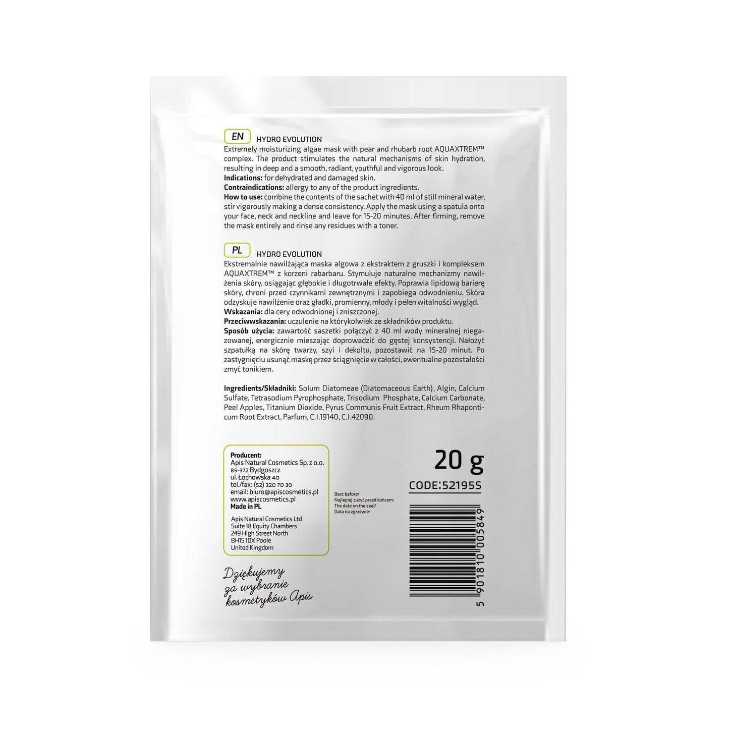 Apis HYDRO EVOLUTION Ekstremalnie nawilżająca maska algowa z gruszką i rabarbarem AQUAXTREM™ / 20 g — opakowanie