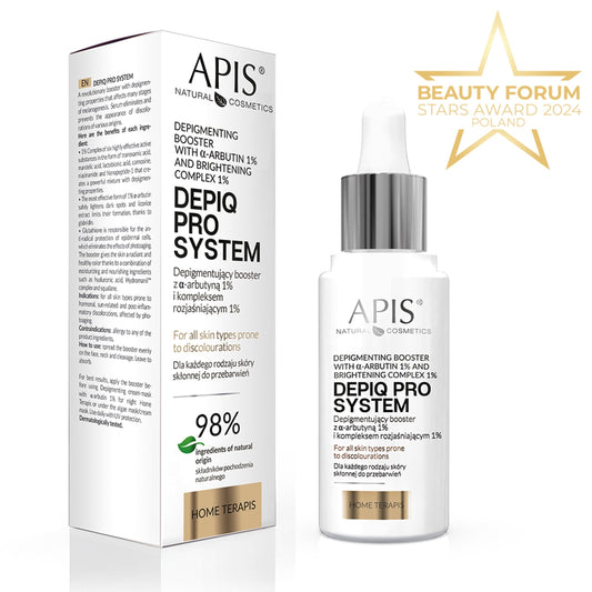 Apis DEPIQ PRO SYSTEM Depigmentujący booster z α-arbutyną 1% i kompleksem rozjaśniającym 1%, 30 ml